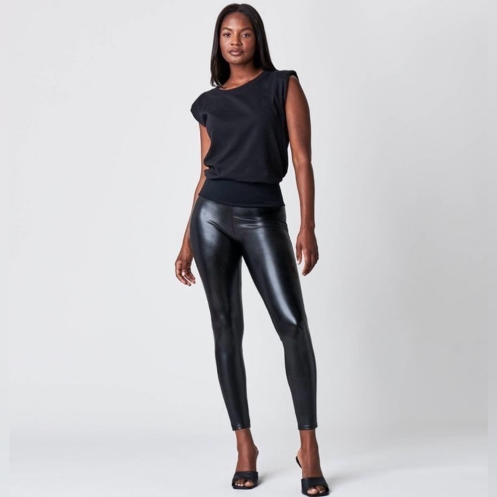 Assets by Spanx All Over Faux Leather Black Leggings‎ Shapewear Stretch Sz Small